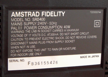 Amstrad SRX400 serial number